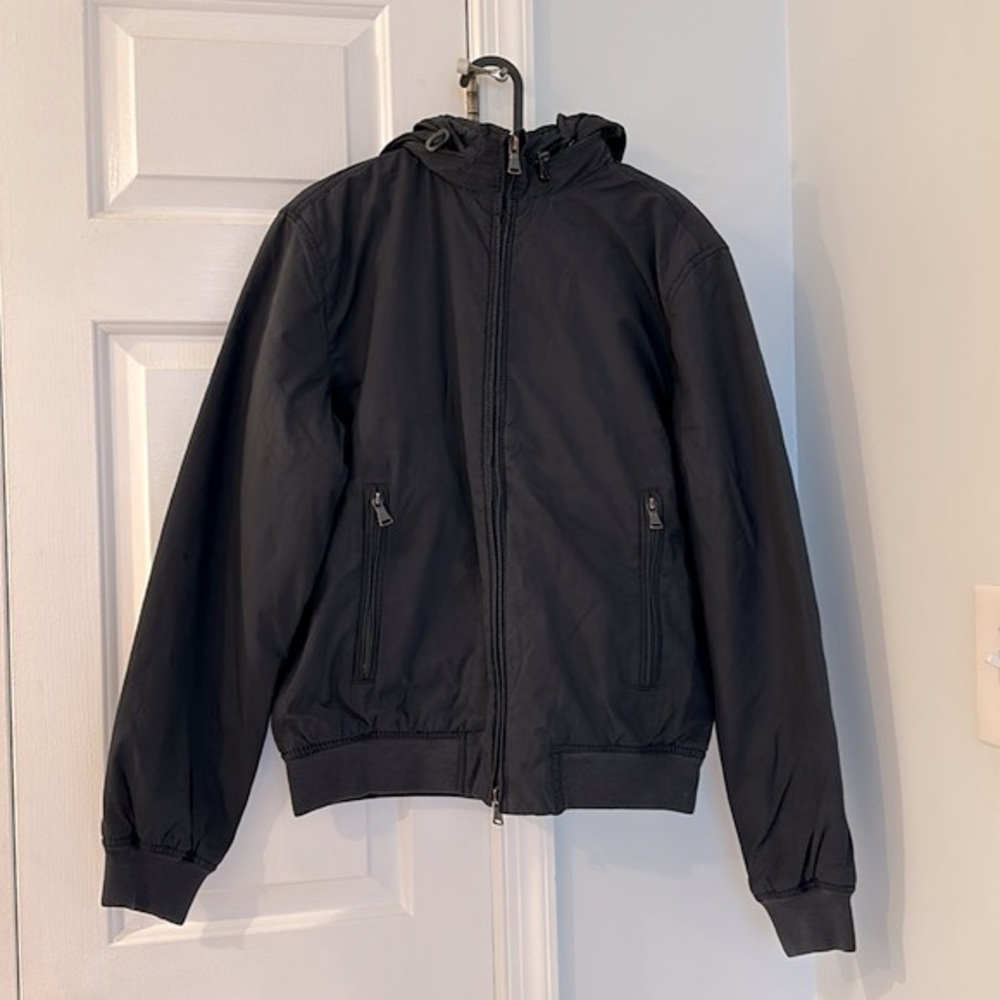 Express Men Black Jacket with Collapsible Hoodie in Collar with Zipper